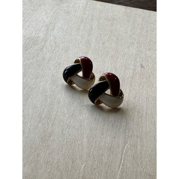 Vintage Red Black & White Enamel Knot Clip-On Earrings Gold-Tone Finish - Picture 5 of 15